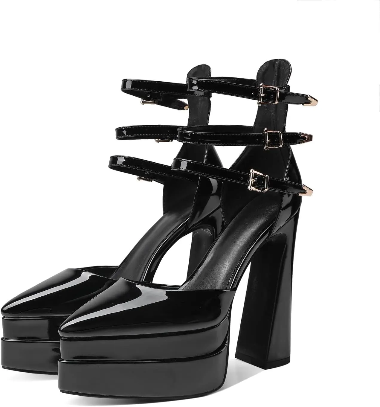 THESHY Womens Platform Chunky Heels Ankle Strap Chunky Block High Heel Pointed Toe Fashion Buckles Dress Pumps