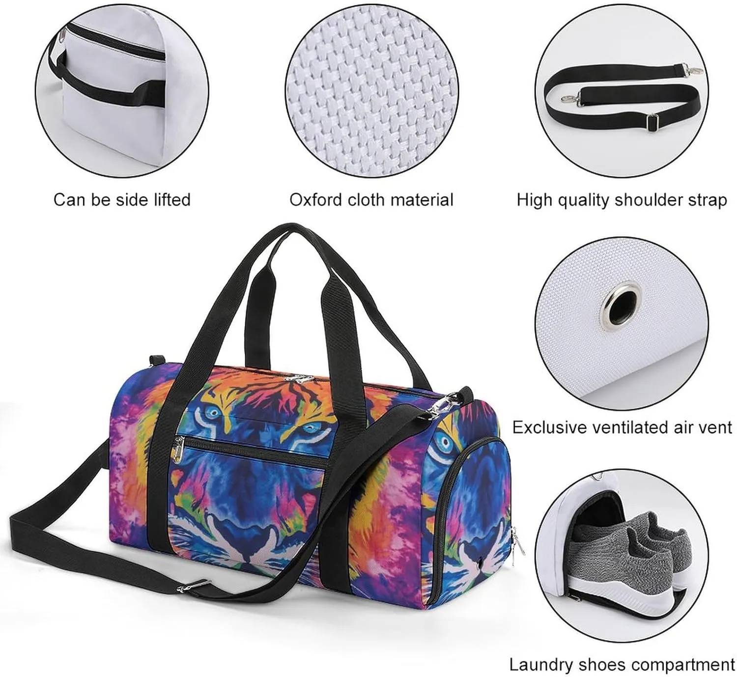 Tie Dye Pattern of Tiger Fitness Large Gym Bag for Unisex with Shoe Compartment & Wet Pocket