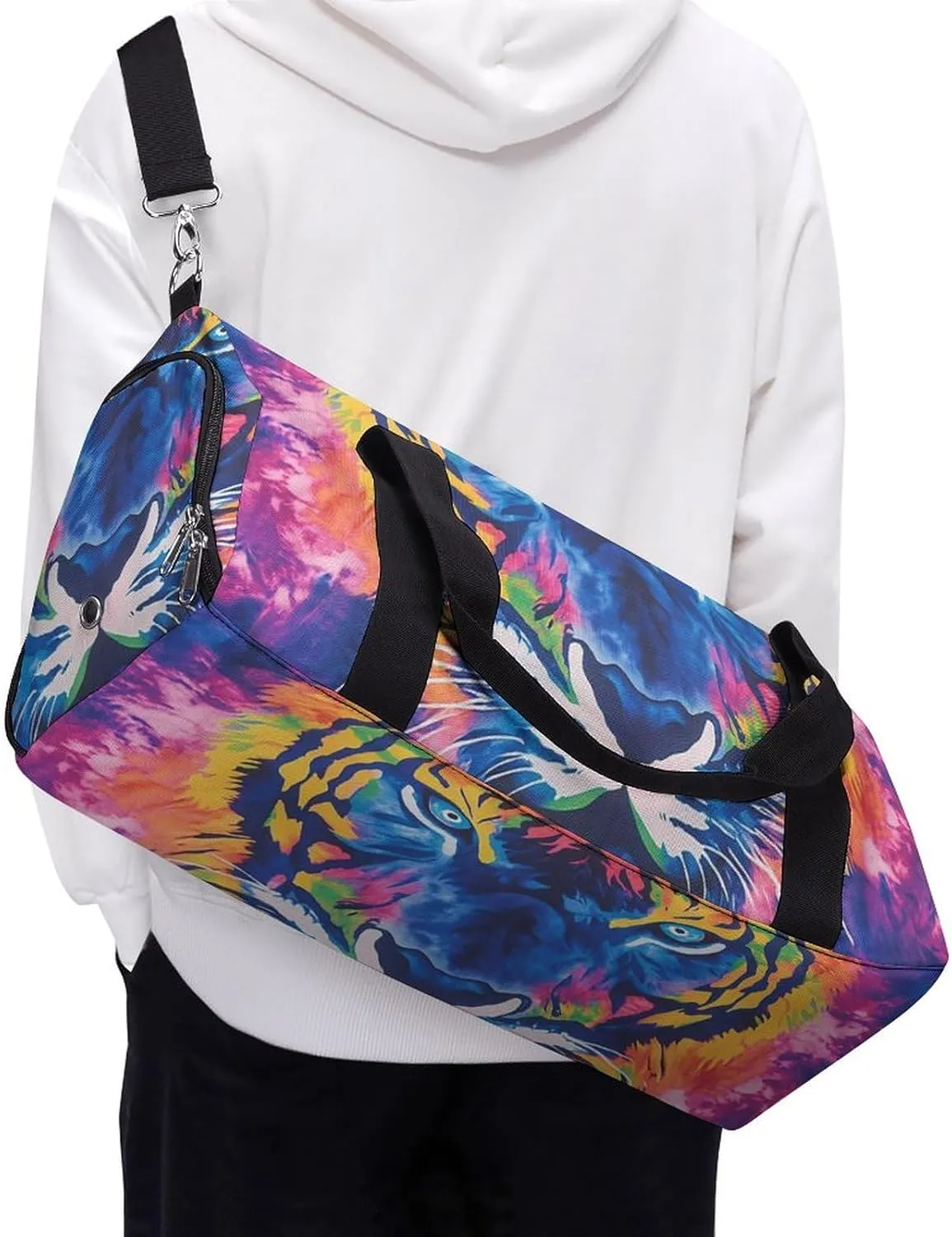 Tie Dye Pattern of Tiger Fitness Large Gym Bag for Unisex with Shoe Compartment & Wet Pocket