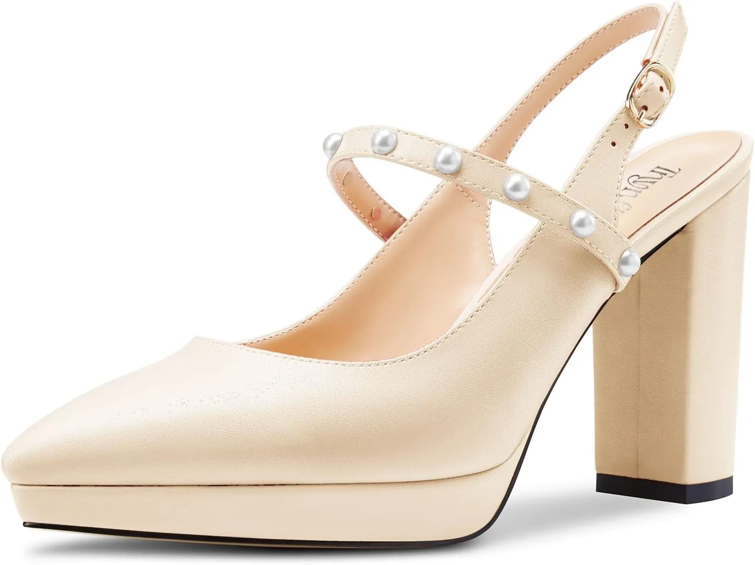TNYNFBEB Womens Chunky Block High Heel Close Pointed Toe Pumps Ankle Strap Buckle Pearls Party Cute 3.9 Inches Heels