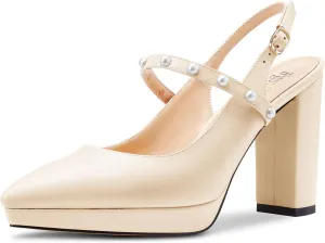 TNYNFBEB Womens Chunky Block High Heel Close Pointed Toe Pumps Ankle Strap Buckle Pearls Party Cute 3.9 Inches Heels