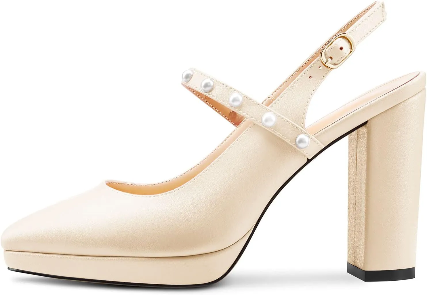 TNYNFBEB Womens Chunky Block High Heel Close Pointed Toe Pumps Ankle Strap Buckle Pearls Party Cute 3.9 Inches Heels