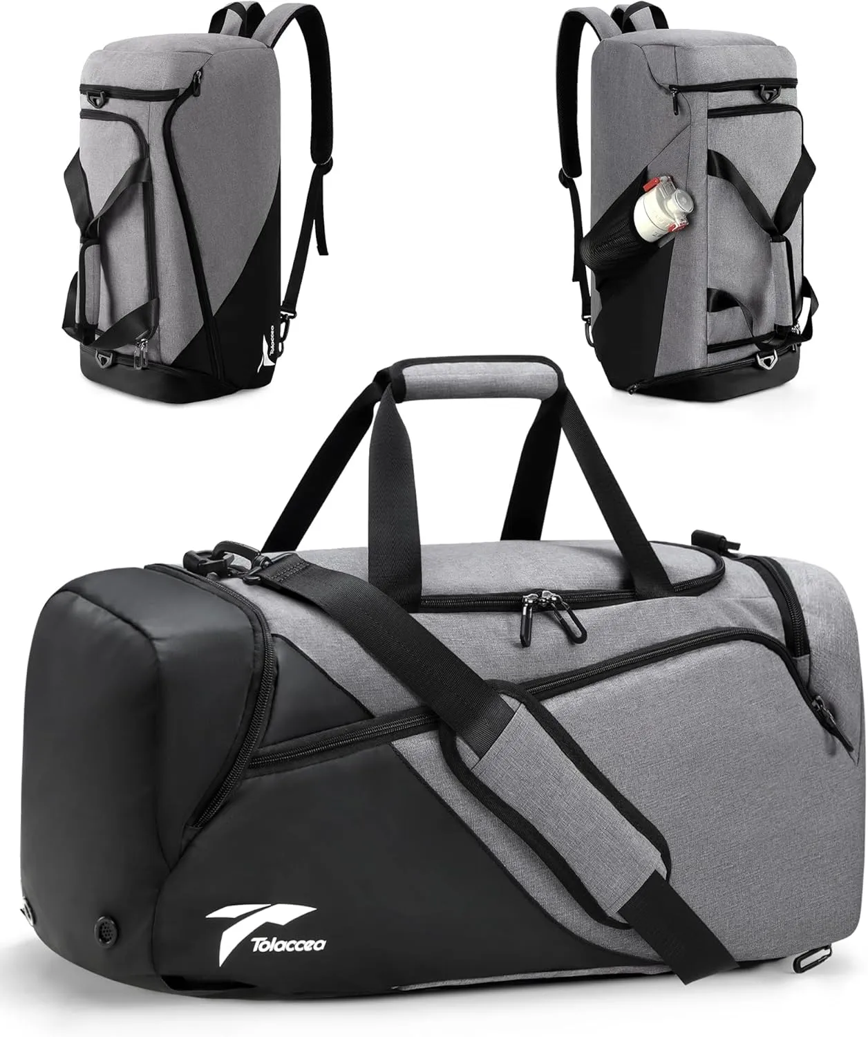 Tolaccea Gym Bag for Men Women, Large Sport Duffel Bags with Shoe Compartment Wet Compartment, Travel Duffel Bag Backpack, Weekender Bags Carry On Backpack for Gym, Travel, Fitness, Workout(Grey, 47L)