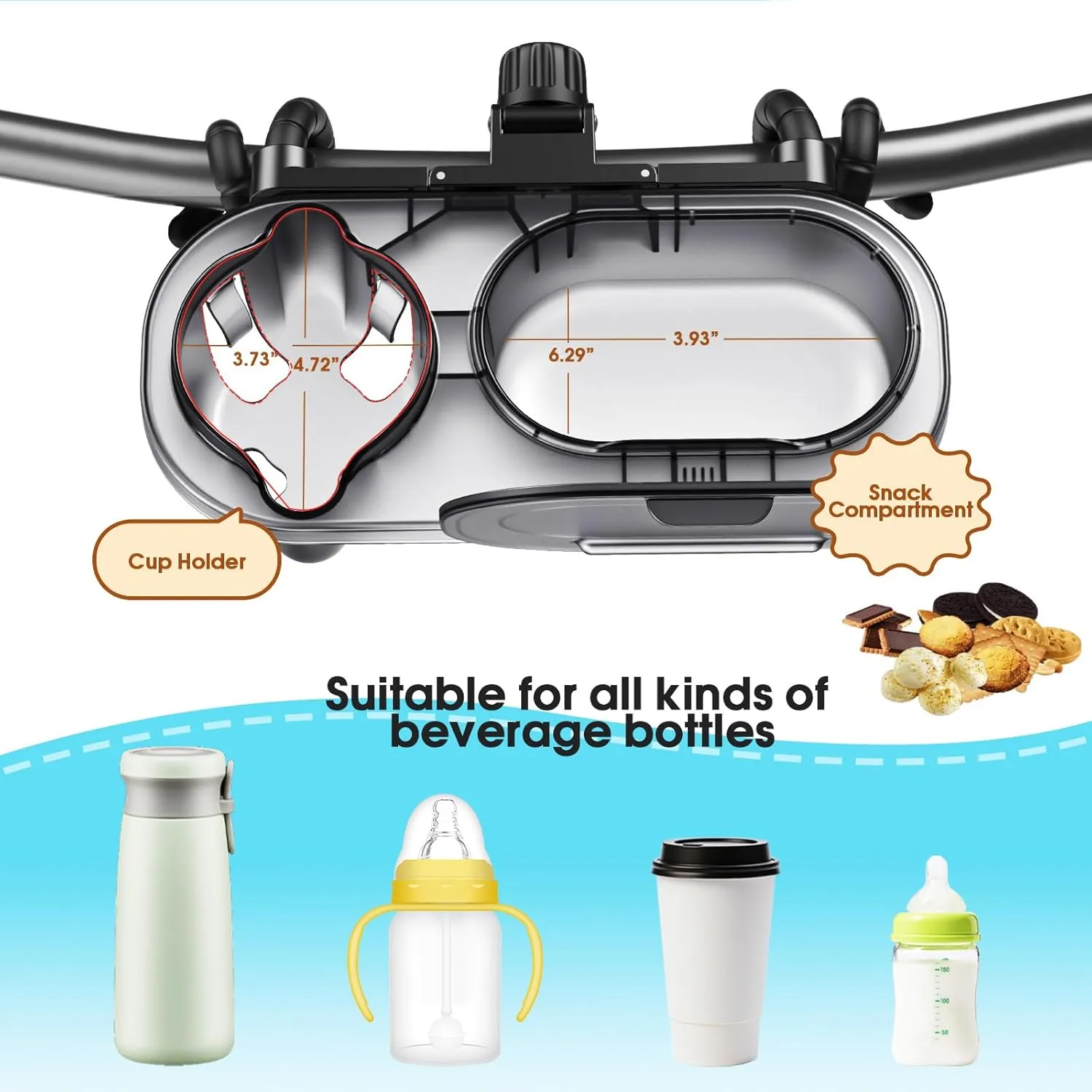 Universal Stroller Snack Tray: Cup Holder Tray with Silicone Flexible Arms Grip Stroller Tray with Dust Cover - Stroller Tray Attachment with Cups Holder for Baby & Toddler Stroller Accessories