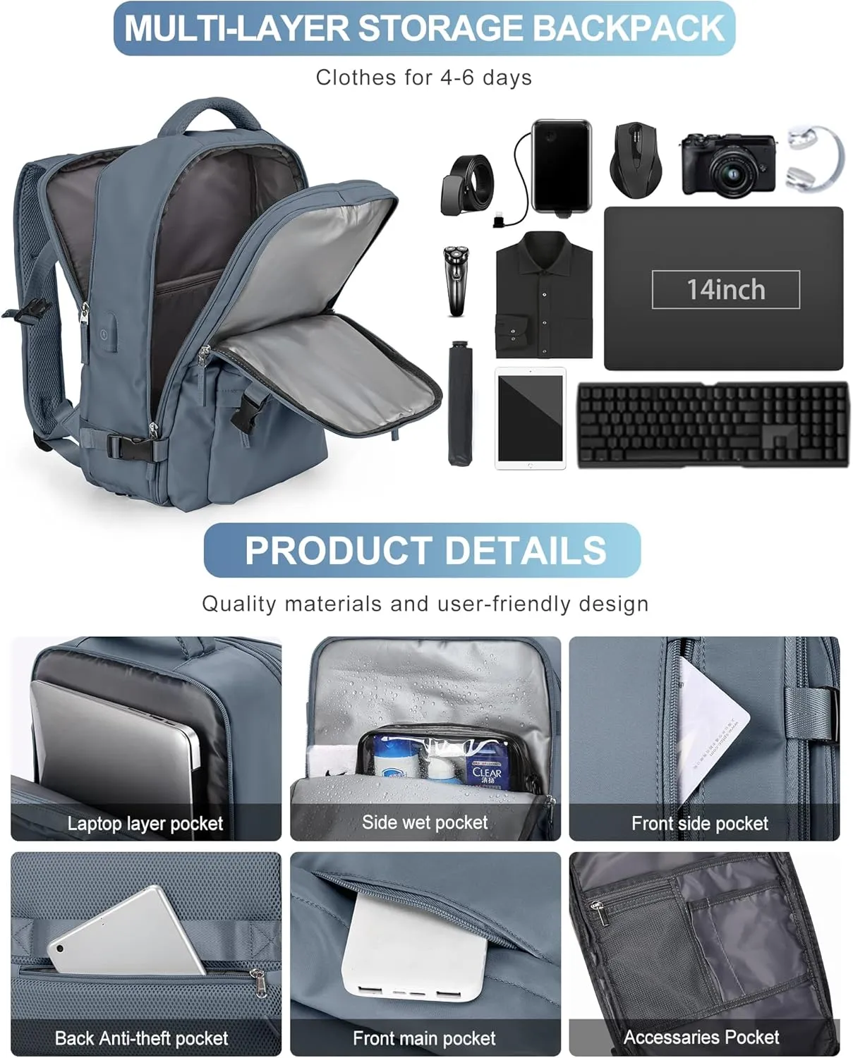 VGCUB Large Travel Backpack Bag for Women Men,Carry on Backpack,17 Inch Laptop Business Work Waterproof Backpack with Laptop Compartment,Person Item Flight Approved,Mochila de Viaje,Jewel Blue