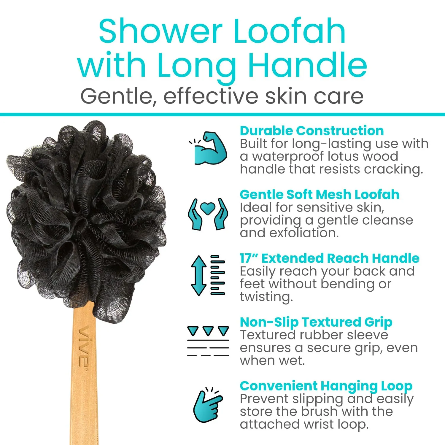 Vive 17” Shower Loofah with Long Handle - Exfoliating Back & Body Scrubber for Men & Women - Luffa Sponge on a Stick for Bathing, Cleaning - Includes Extra Handheld Lufa, Hook & String to Hang on Wall