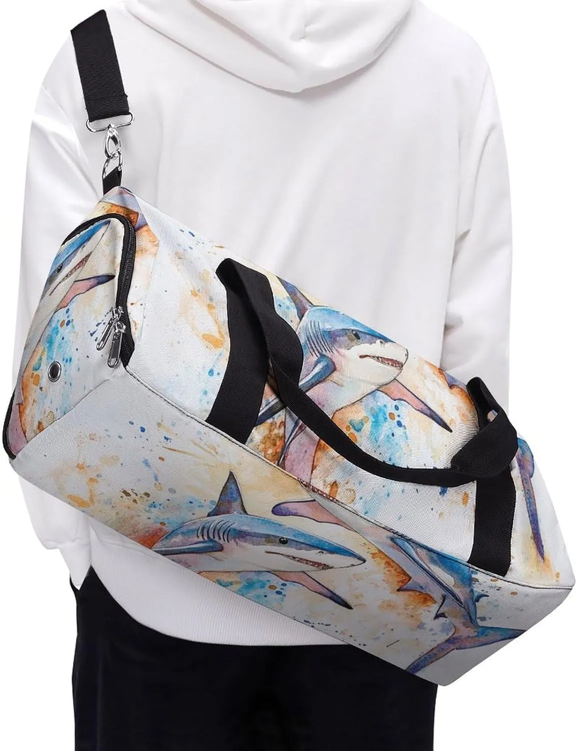 Watercolor Sharks Fitness Large Gym Bag for Unisex with Shoe Compartment & Wet Pocket