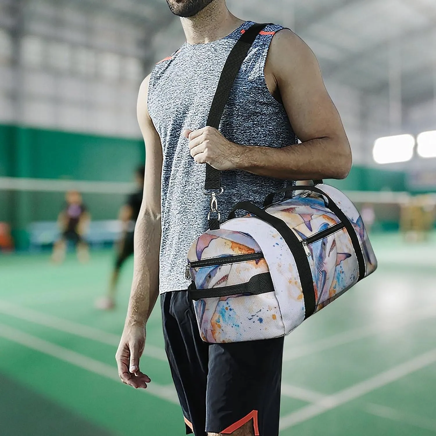 Watercolor Sharks Fitness Large Gym Bag for Unisex with Shoe Compartment & Wet Pocket