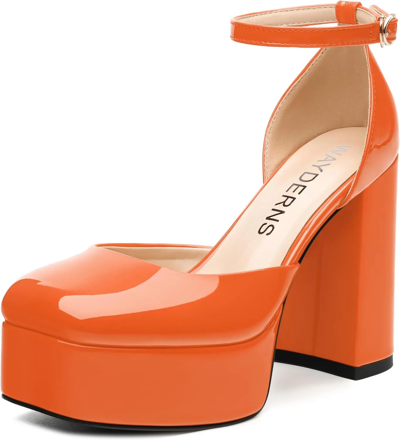 WAYDERNS Platform Heels for Women Block High Heel Closed Square Toe Ankle Strap 4.3 Inch Pumps Fashion Party Dress Shoes