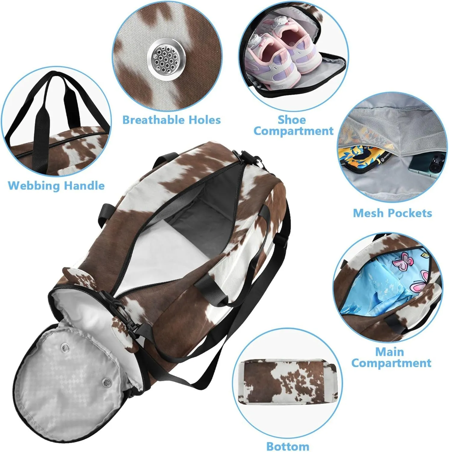 Western Cow Skin Texture Kids Duffel Bag with Shoes Compartment Large Capacity Carry On Overnight Bag for Travel, Swimming, Dance, Ballet