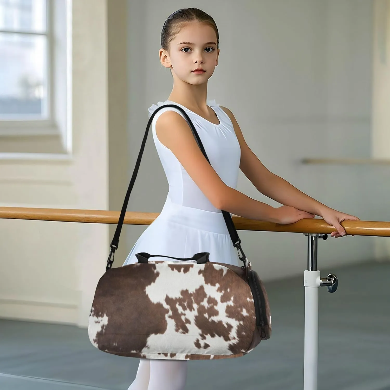 Western Cow Skin Texture Kids Duffel Bag with Shoes Compartment Large Capacity Carry On Overnight Bag for Travel, Swimming, Dance, Ballet