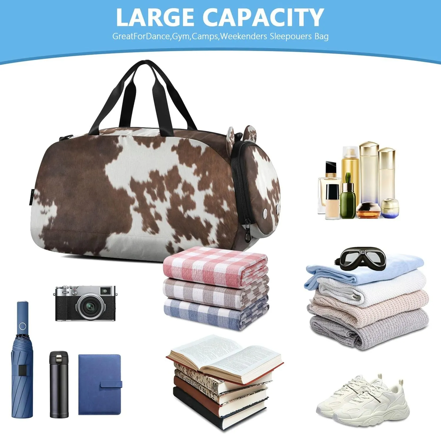 Western Cow Skin Texture Kids Duffel Bag with Shoes Compartment Large Capacity Carry On Overnight Bag for Travel, Swimming, Dance, Ballet
