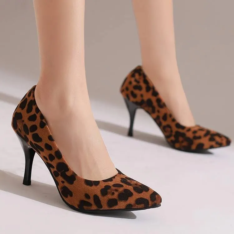 Women Chic Pumps Pointed Toe Stiletto High Heels with Leopard Pattern
