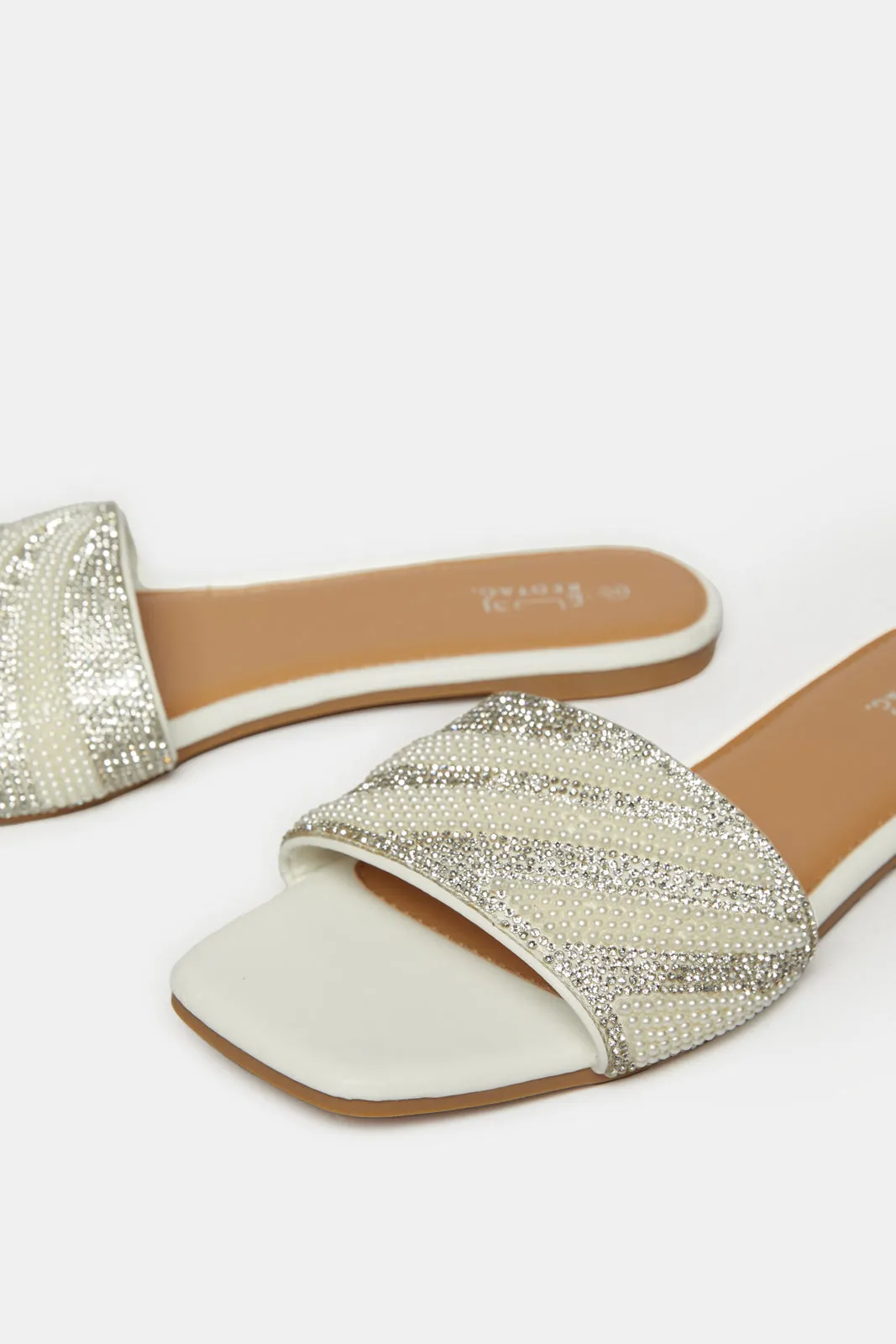 Women White Embellished Mule