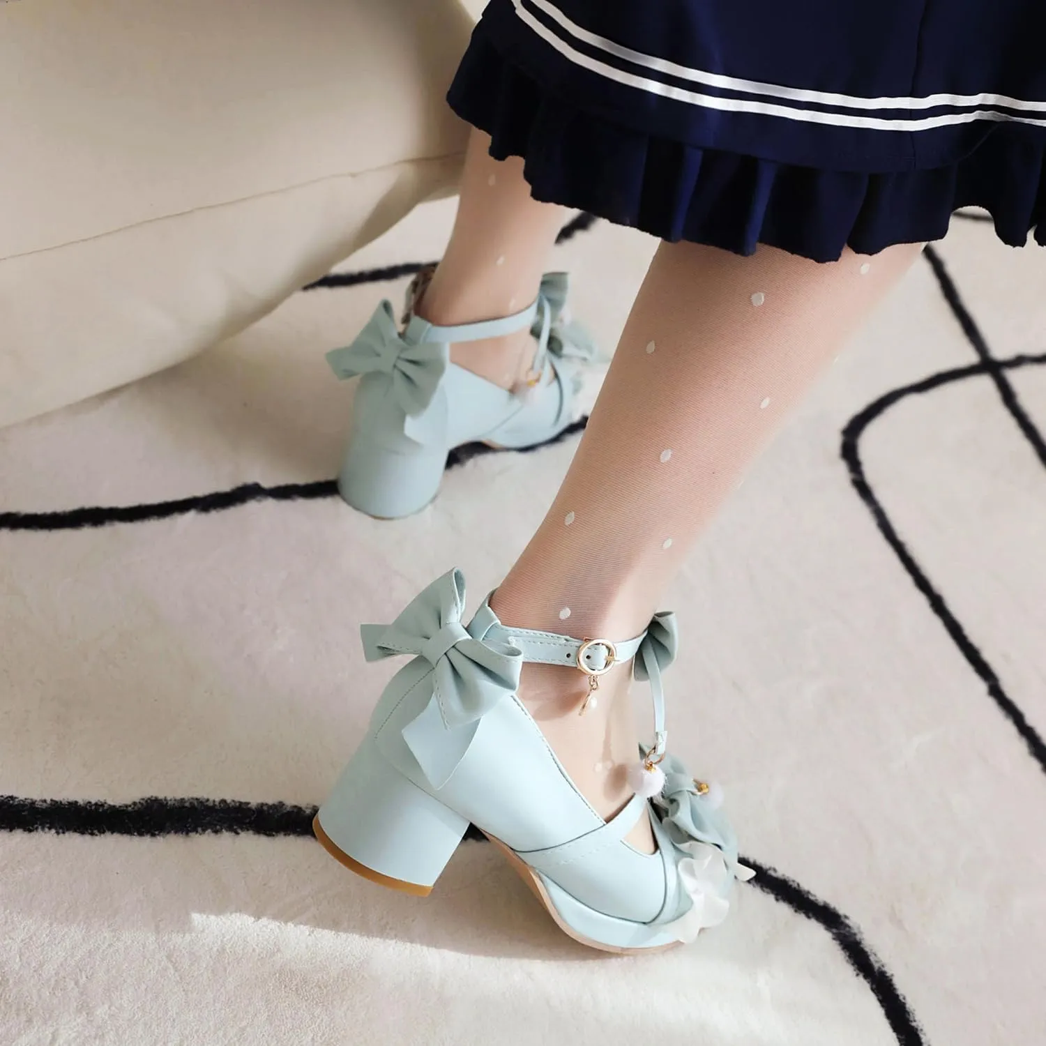 Womens Cute Lolita Platform Cross Strappy Mary Janes Mid Chunky Heel Sweet Bow Ankle Strap Pumps Ladies Wedding Party Cosplay Uniform Dress Shoes