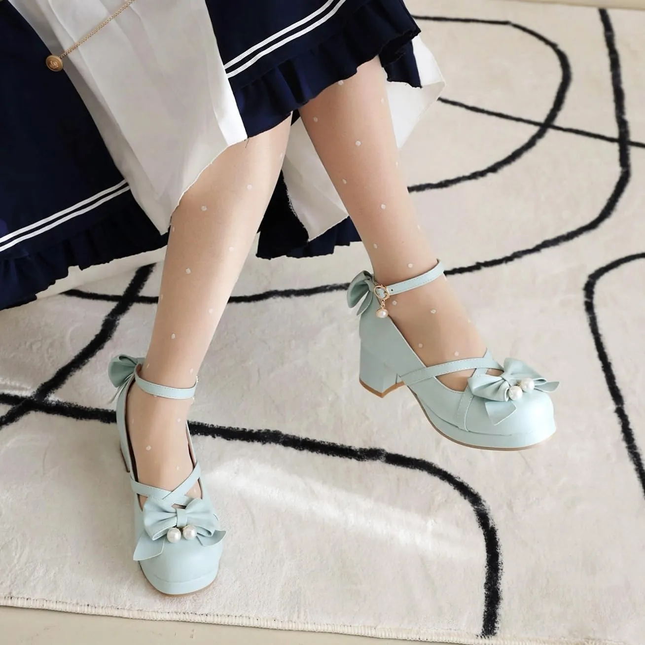 Womens Cute Lolita Platform Cross Strappy Mary Janes Mid Chunky Heel Sweet Bow Ankle Strap Pumps Ladies Wedding Party Cosplay Uniform Dress Shoes