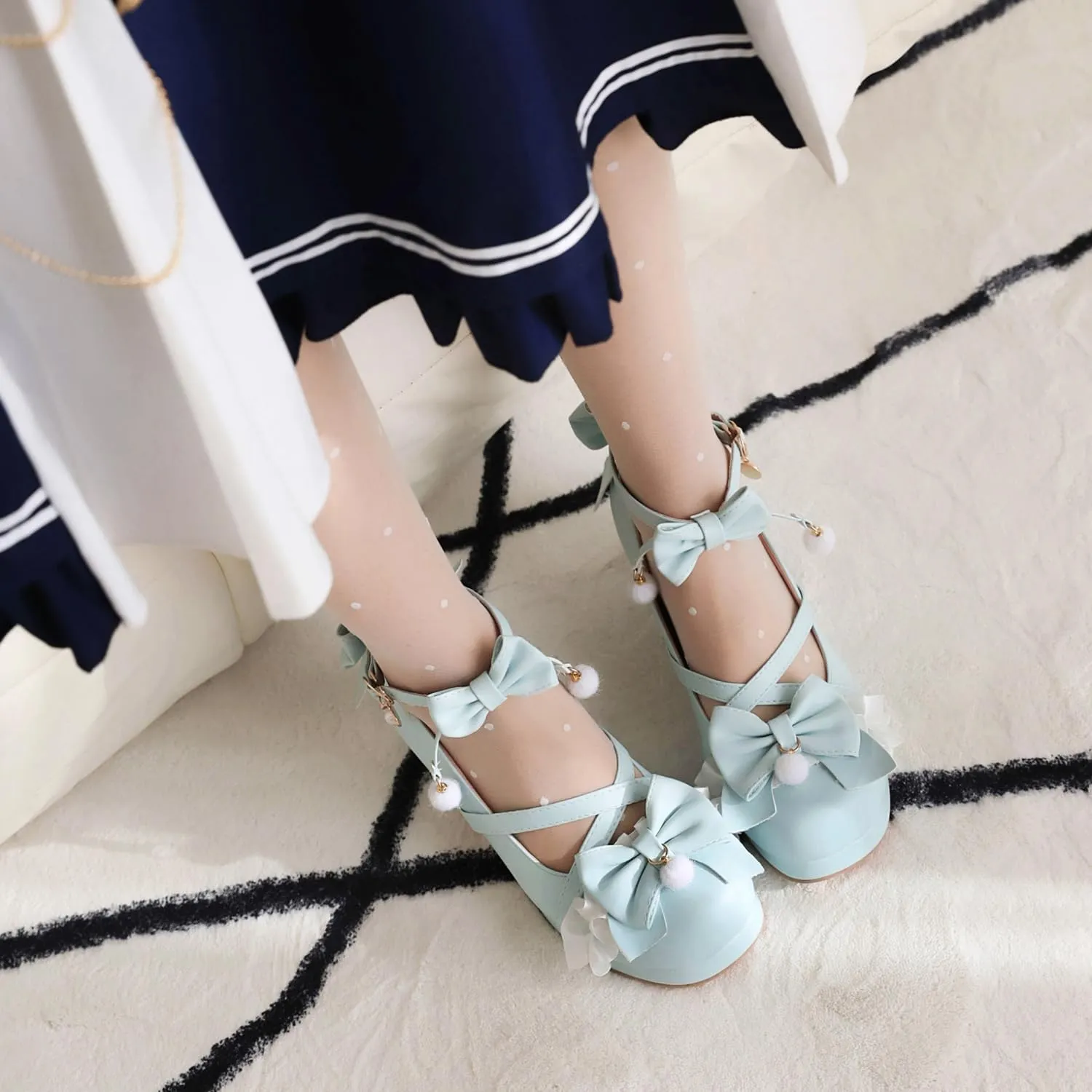 Womens Cute Lolita Platform Cross Strappy Mary Janes Mid Chunky Heel Sweet Bow Ankle Strap Pumps Ladies Wedding Party Cosplay Uniform Dress Shoes