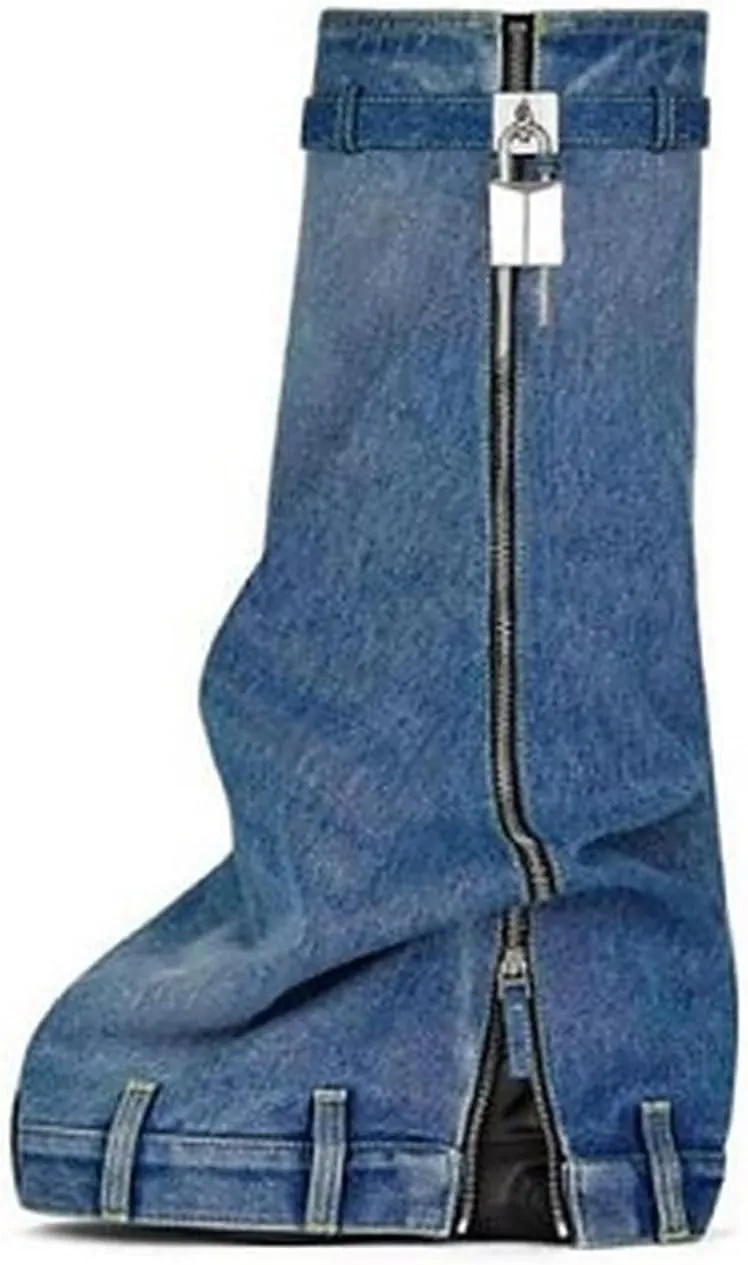 Women's Denim Boots Padlock Fold Over Knee High Platform Boots Pull-On Boots