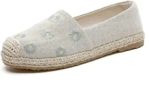 Women's Handmade Retro Soft Linen Shoes, Fashion Traditional Chinese Flat Heel Casual Footwear, Breathable Slip on Embroider Flat Shoes,8,Beige