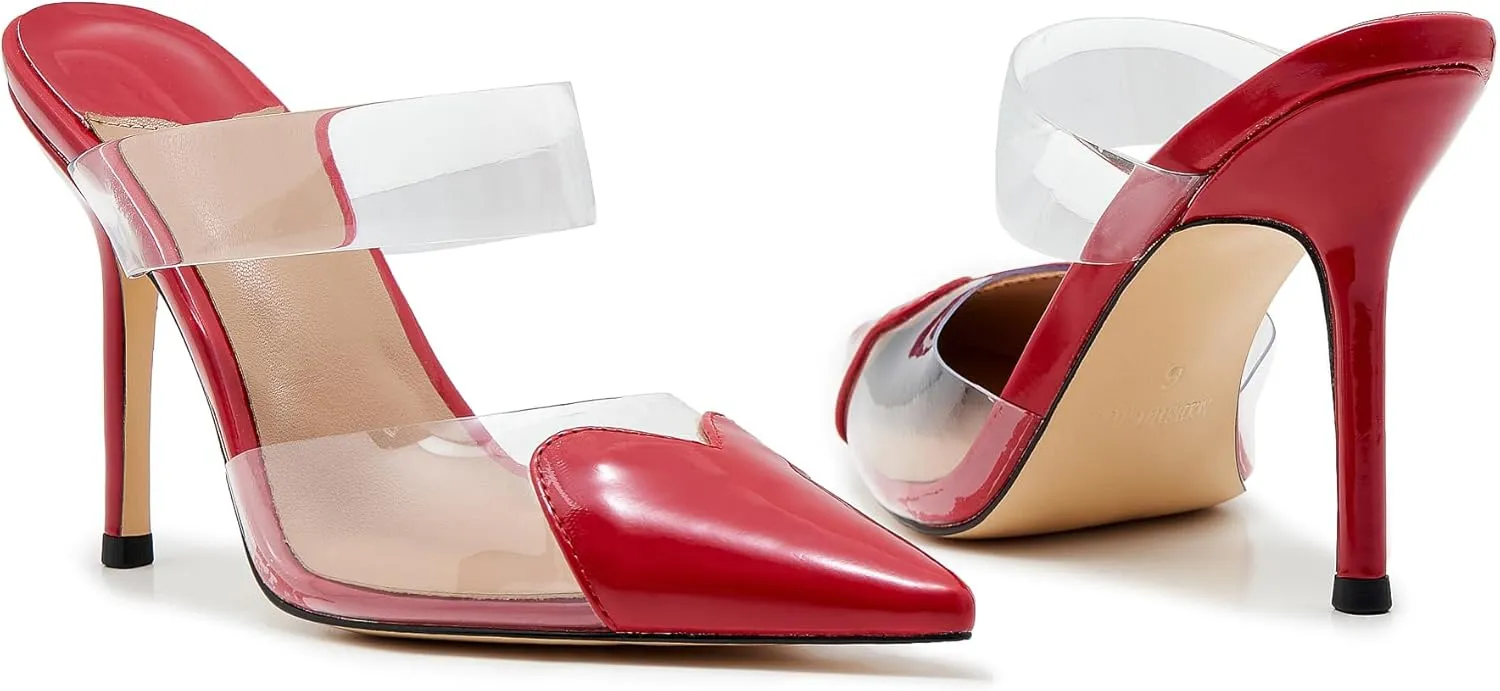 Women's High Heeled Mules Heart Clear PVC Sandals Pointed Toe Stiletto Mule Slip On Sandals Party Wedding Dress Shoes