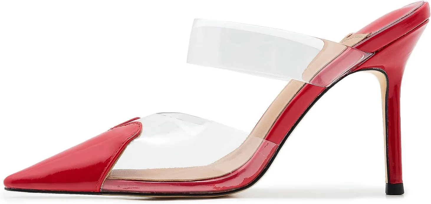 Women's High Heeled Mules Heart Clear PVC Sandals Pointed Toe Stiletto Mule Slip On Sandals Party Wedding Dress Shoes