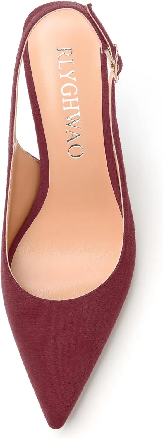 Womens High Heels Fashion Pointed Toe Buckle Slingback Pumps Solid Suede Shoes for Women