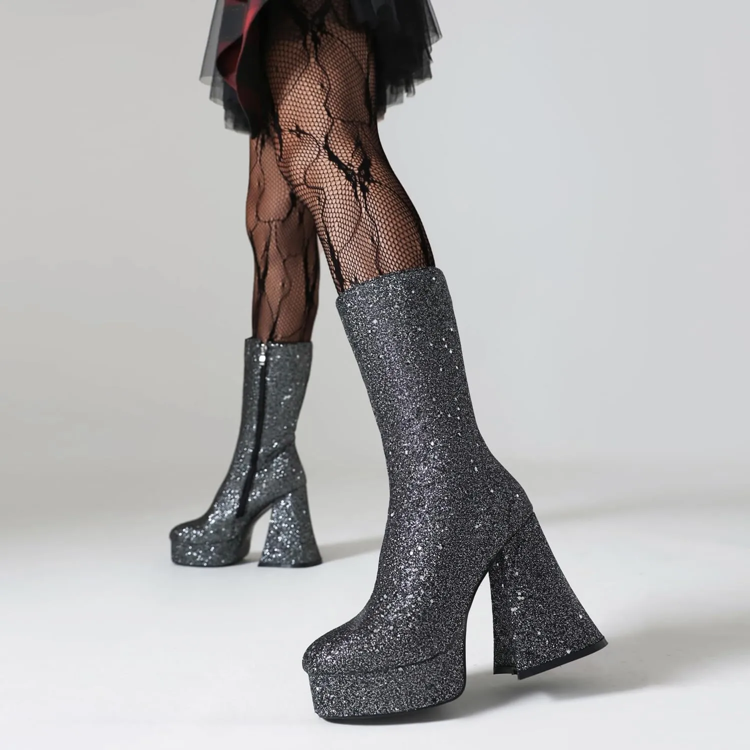 Women's Sexy Chunky Glitter Ankle Boots, Side Zipper High Heel Sparkly Sequin Platform Booties, Shiny Bling Fashion Dress Combat Boot