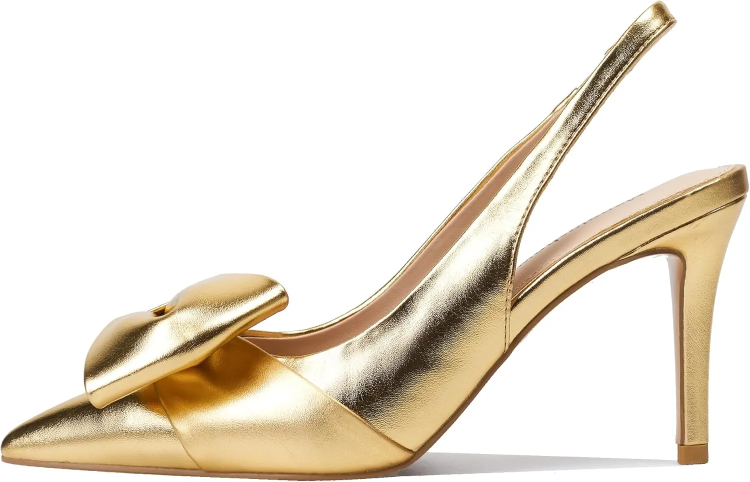 Women's Slingback Heels with Bow Leather Pointed Toe Pumps with Elasticated Strap 3.3" High Heels Evening Comfy Dress Shoes