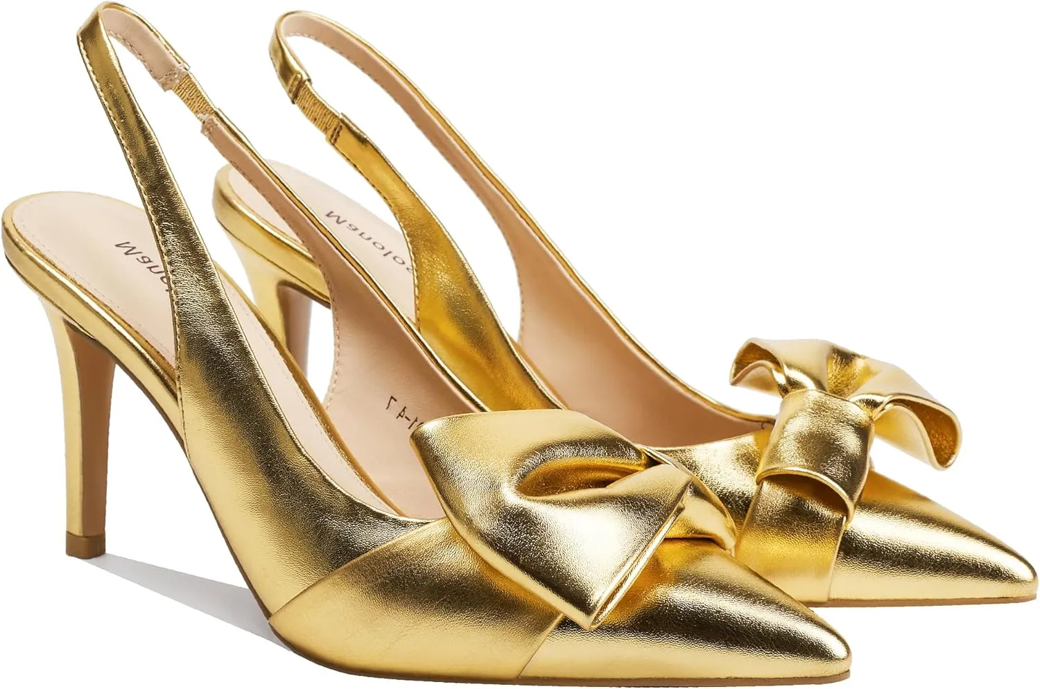 Women's Slingback Heels with Bow Leather Pointed Toe Pumps with Elasticated Strap 3.3" High Heels Evening Comfy Dress Shoes
