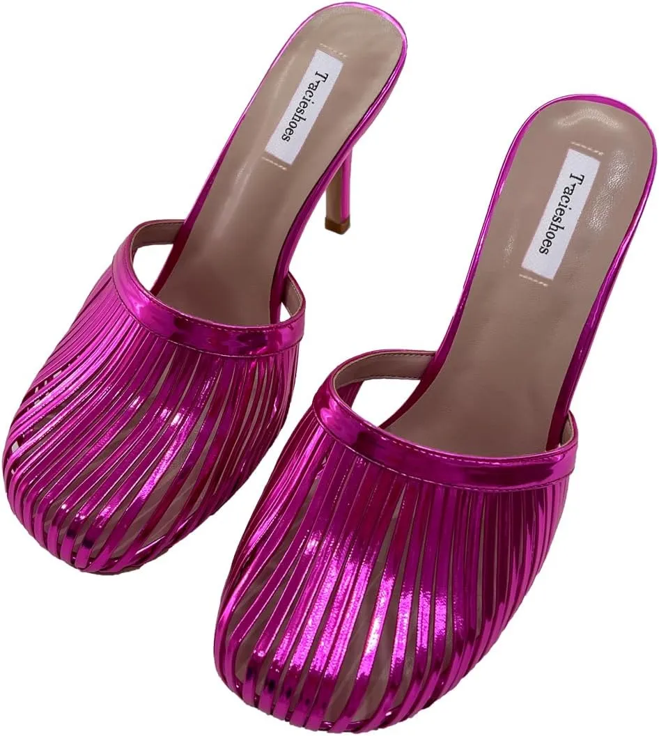 Women's Strappy Mule Sandals Round Toe 3.5 Inch Stiletto High Heeled Slip-on Slippers Patent Metallic Leather Ladies Shoes
