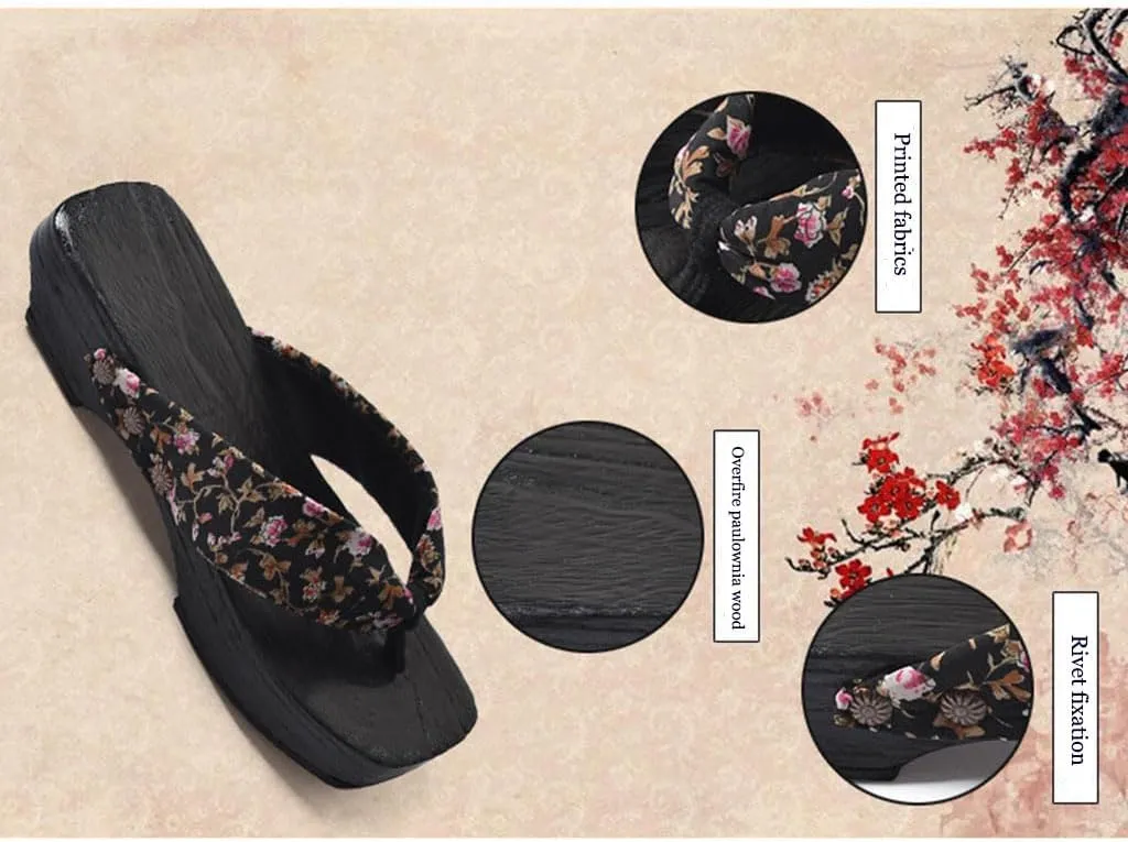Wooden Clogs Herringbone Slippers,Japan Traditional Shoes,Women's Slopes High Heels Home Clip Feet Cool Shoes,Couple's Bathroom Beach Shoes