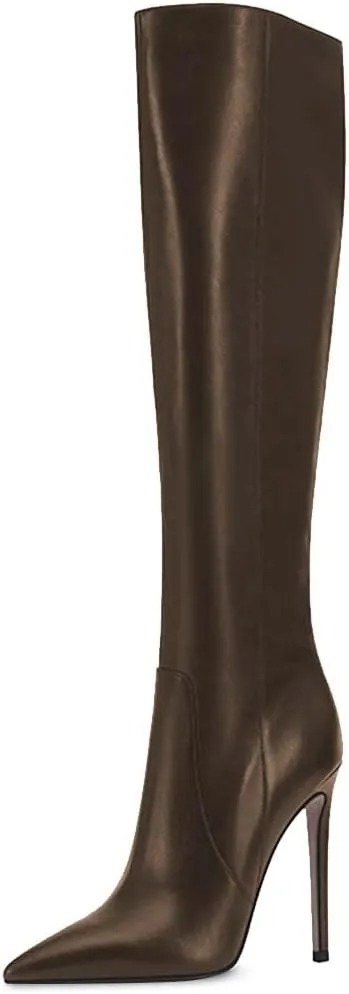 XYD Women's Winter Leather Solid Color Pointed Toe Straight Knee High Stiletto Heels Boots Side Zip Up Dressy Chic Lady Shoes