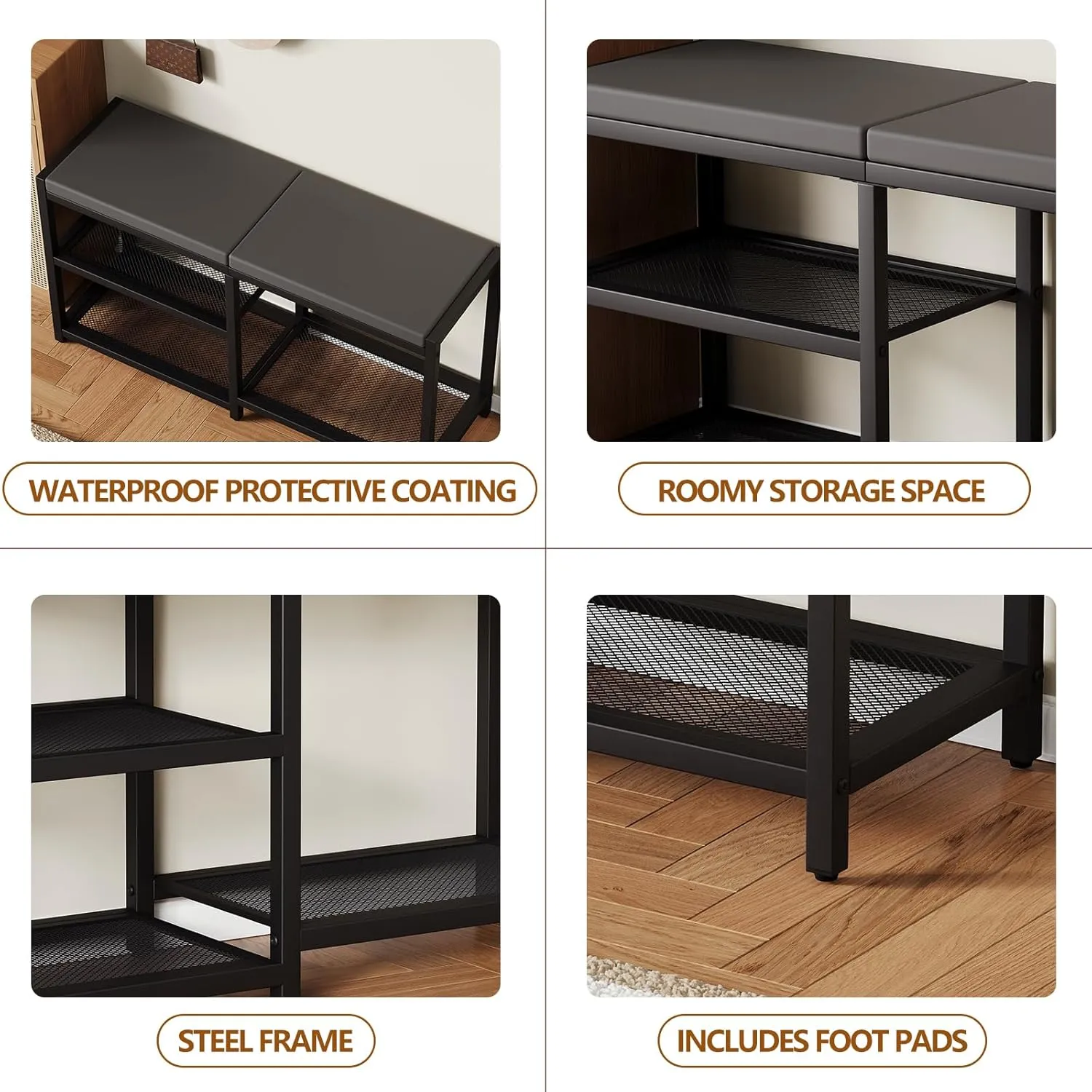 ZHOOGE Shoe Bench & Rack Storage Bench - Entryway Bench with Seat Cushion, Stable Organizer for Entryway & Living Room, Holds Up to 300 lb, (35" L x 12" W x 17" H, Black)