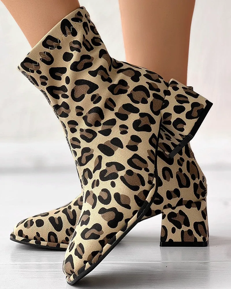 Zipper Back Leopard Print Chunky Heel Ankle Boots