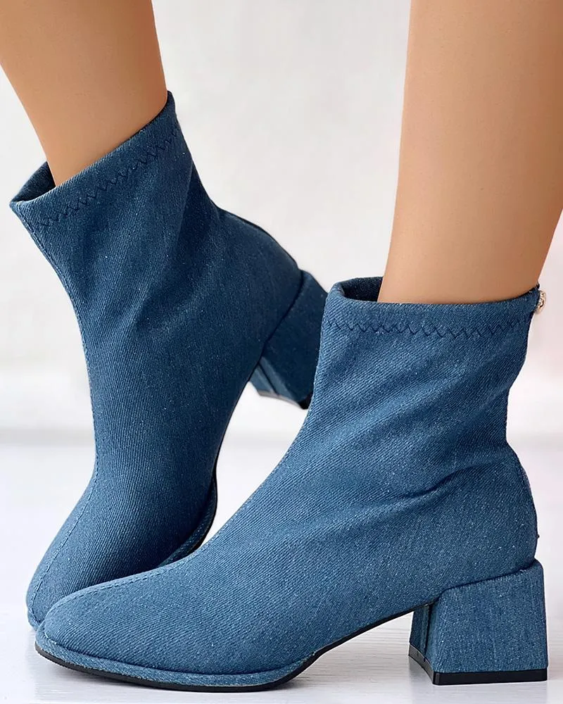 Zipper Back Leopard Print Chunky Heel Ankle Boots