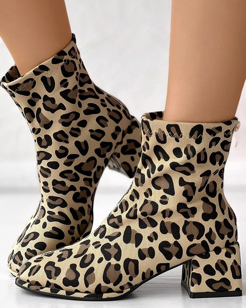 Zipper Back Leopard Print Chunky Heel Ankle Boots