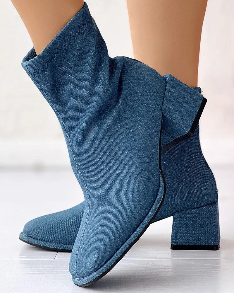 Zipper Back Leopard Print Chunky Heel Ankle Boots