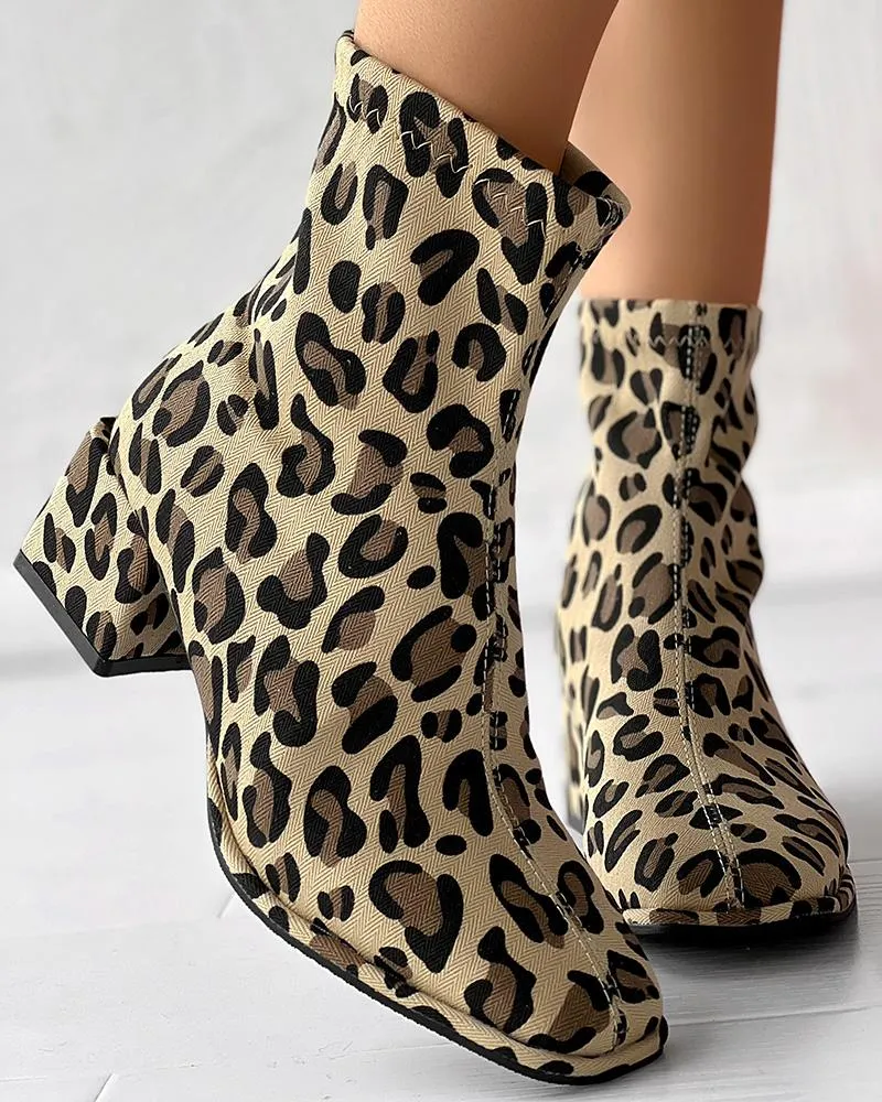 Zipper Back Leopard Print Chunky Heel Ankle Boots